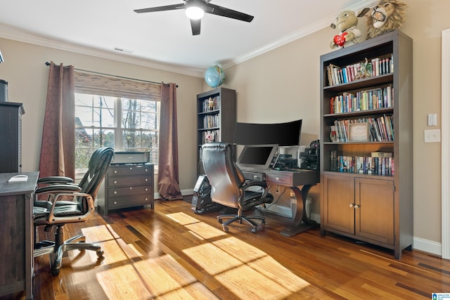 office area featuring hardwood / wood-style flooring, ceiling fan, and crown molding