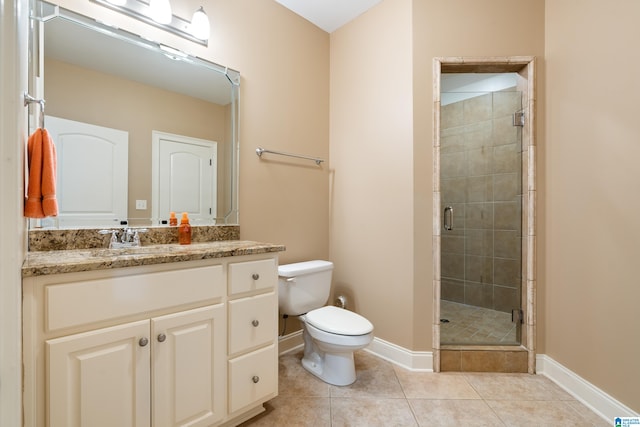 bathroom featuring tile patterned floors, vanity, toilet, and an enclosed shower