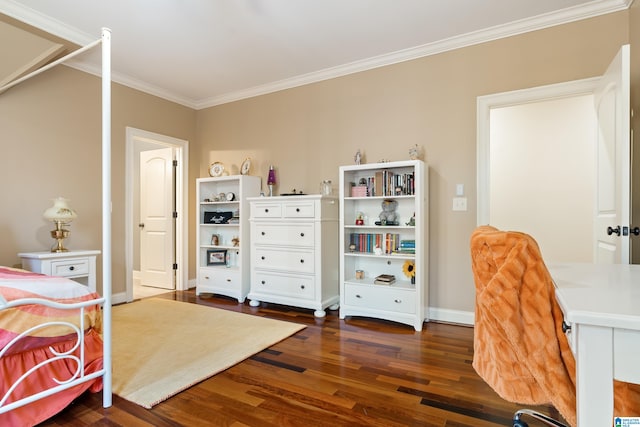 bedroom featuring dark hardwood / wood-style flooring and crown molding