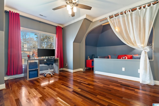 home office featuring ceiling fan, hardwood / wood-style floors, vaulted ceiling, and ornamental molding