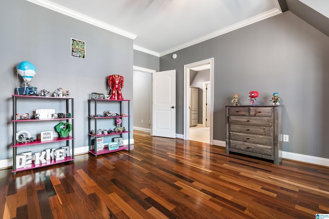 interior space with dark hardwood / wood-style flooring and crown molding