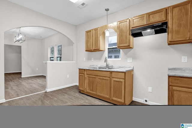 kitchen with a chandelier, hanging light fixtures, a healthy amount of sunlight, and sink