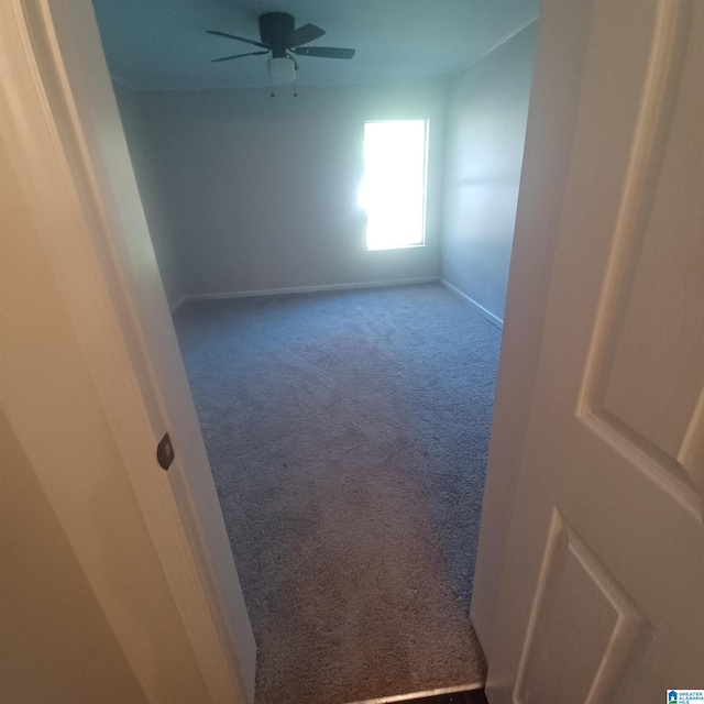 carpeted spare room with ceiling fan