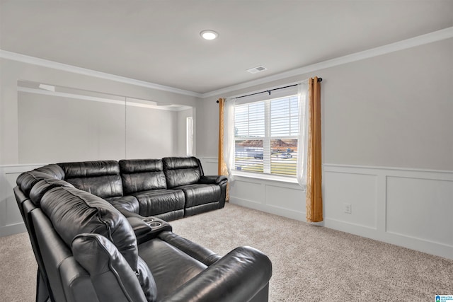 living room with carpet and ornamental molding