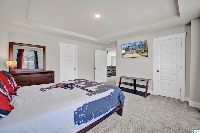 carpeted bedroom with a raised ceiling