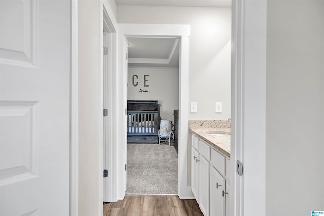 bathroom featuring vanity and hardwood / wood-style flooring