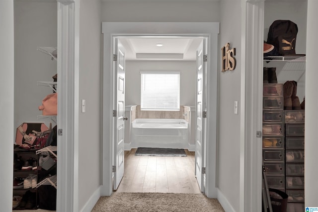 corridor with a tray ceiling and light hardwood / wood-style floors