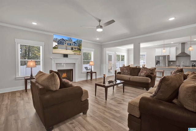 living room featuring a healthy amount of sunlight, light hardwood / wood-style floors, and crown molding