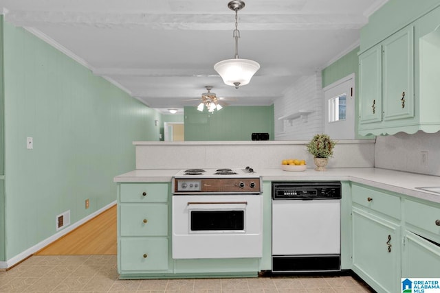 kitchen with ornamental molding, white appliances, ceiling fan, light hardwood / wood-style floors, and hanging light fixtures