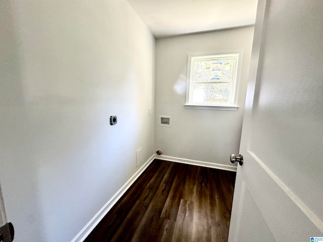 clothes washing area with hookup for an electric dryer, washer hookup, and dark hardwood / wood-style flooring