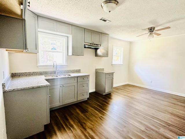 kitchen featuring dark hardwood / wood-style floors, ceiling fan, gray cabinetry, and sink