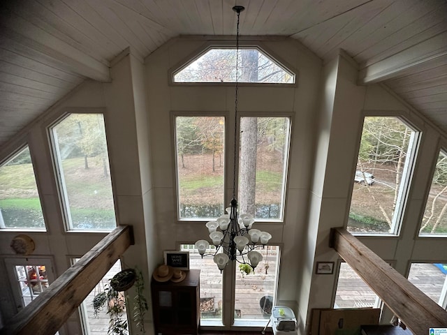 interior details with beamed ceiling, a notable chandelier, and wood ceiling