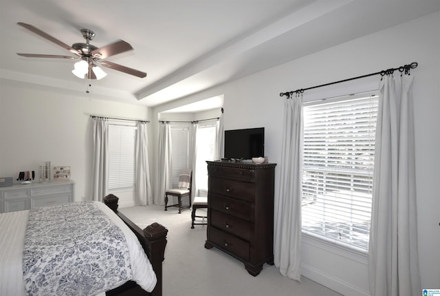 bedroom with ceiling fan and light colored carpet