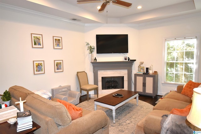 living room with hardwood / wood-style floors, a raised ceiling, ornamental molding, and a fireplace