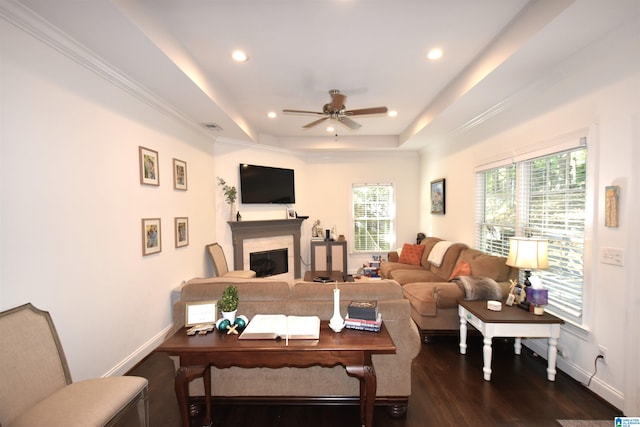 living room with a tray ceiling, ceiling fan, dark hardwood / wood-style floors, and ornamental molding