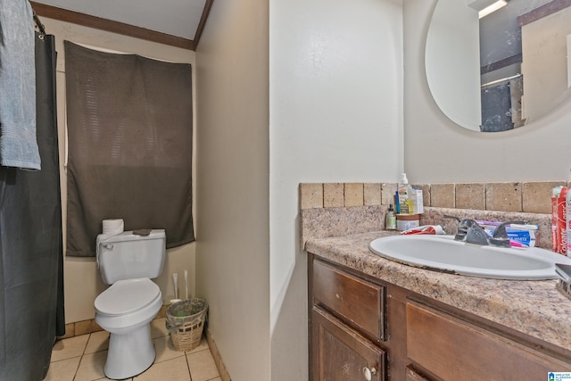 full bathroom with shower / tub combo, tile patterned floors, vanity, crown molding, and toilet