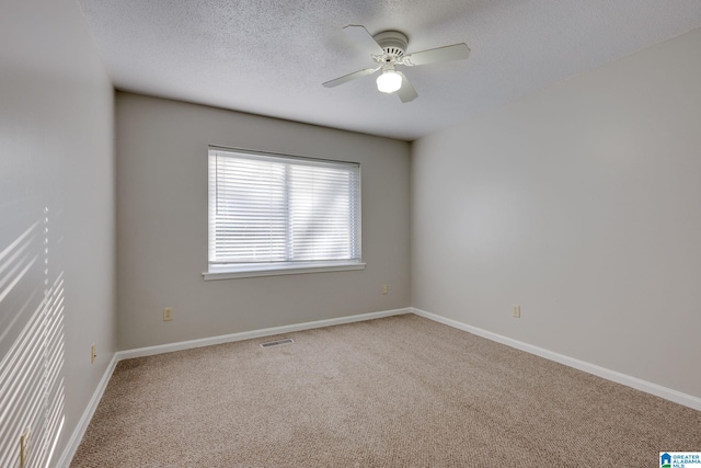 empty room featuring ceiling fan, carpet, and a textured ceiling