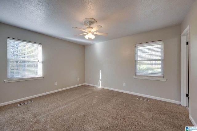 carpeted empty room featuring ceiling fan, plenty of natural light, and a textured ceiling