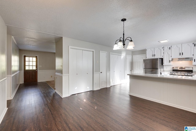 kitchen with dark hardwood / wood-style floors, a textured ceiling, appliances with stainless steel finishes, decorative light fixtures, and white cabinetry