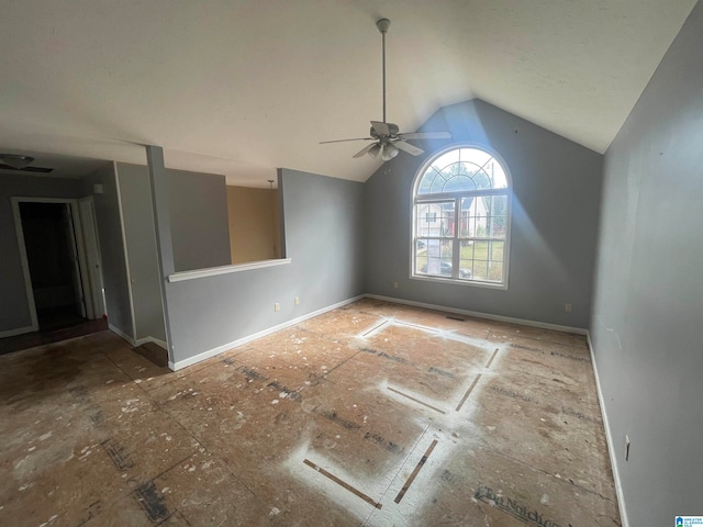 interior space with vaulted ceiling and ceiling fan