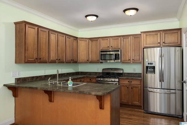 kitchen featuring kitchen peninsula, appliances with stainless steel finishes, ornamental molding, and sink