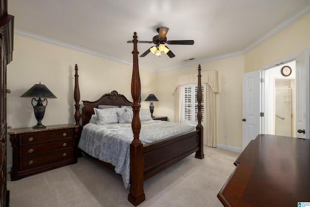 bedroom featuring light carpet, ceiling fan, and ornamental molding