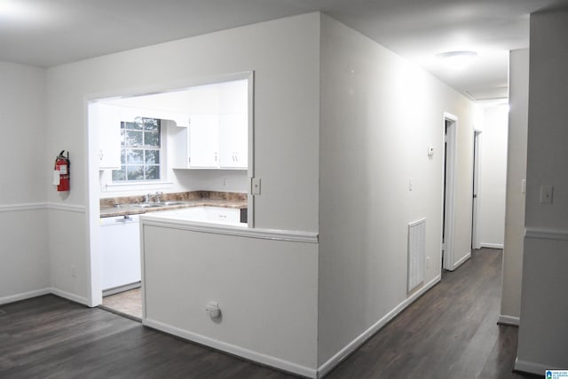 clothes washing area featuring sink and dark wood-type flooring