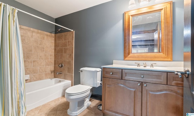 full bathroom featuring tile patterned flooring, shower / bath combo, vanity, and toilet