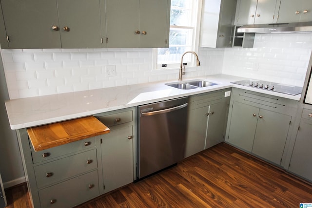 kitchen with sink, dark hardwood / wood-style flooring, stainless steel dishwasher, decorative backsplash, and black electric stovetop