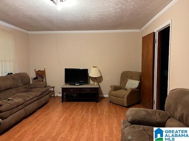 living room with ornamental molding, light hardwood / wood-style flooring, and a textured ceiling