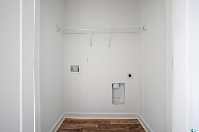 laundry area featuring electric dryer hookup, hookup for a washing machine, and wood-type flooring