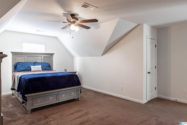 carpeted bedroom featuring ceiling fan and lofted ceiling