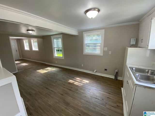 kitchen with dark hardwood / wood-style flooring, plenty of natural light, and white cabinets