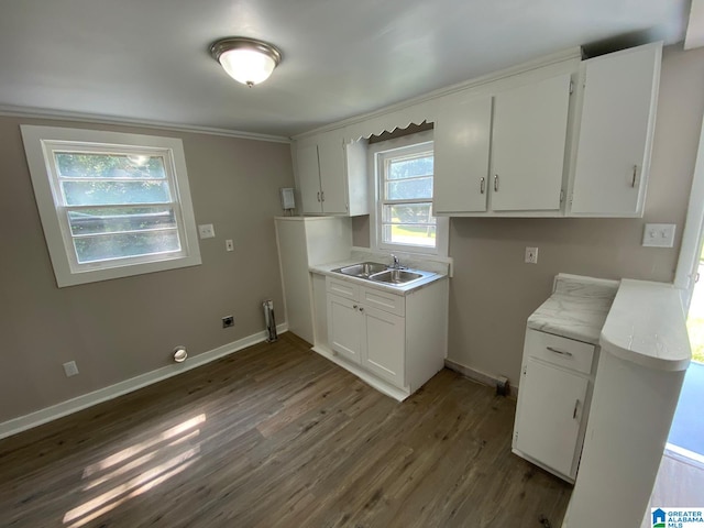 kitchen with crown molding, dark hardwood / wood-style flooring, white cabinetry, and sink