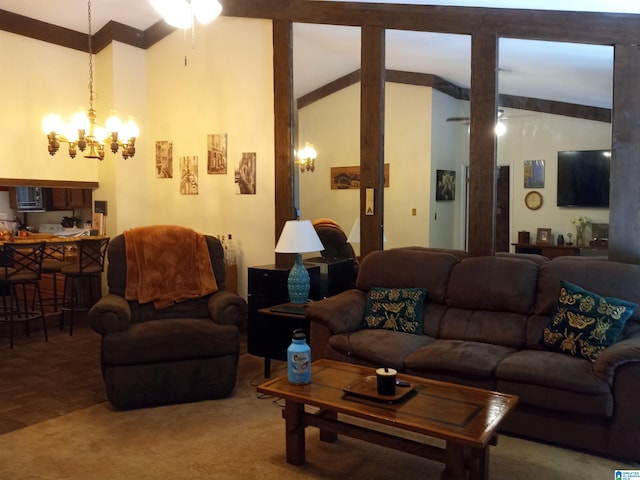 carpeted living room with vaulted ceiling with beams and an inviting chandelier