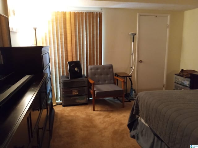 bedroom featuring light colored carpet