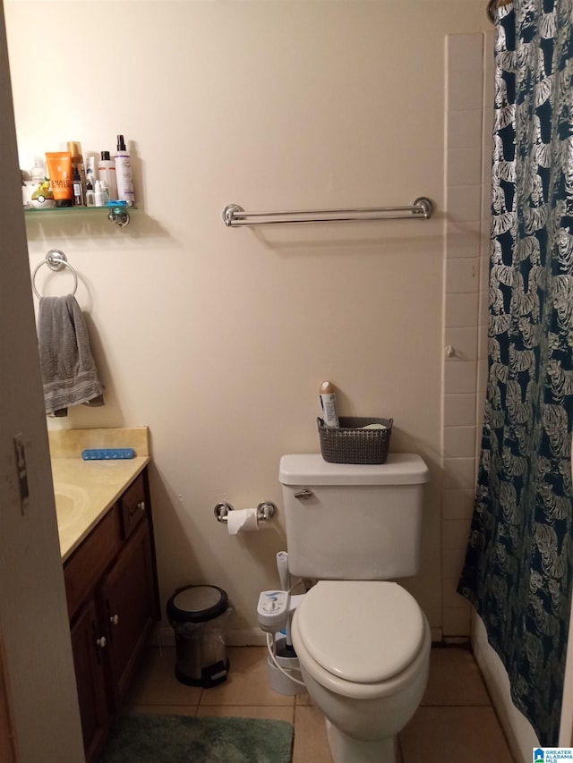 bathroom featuring tile patterned flooring, vanity, toilet, and a shower with shower curtain