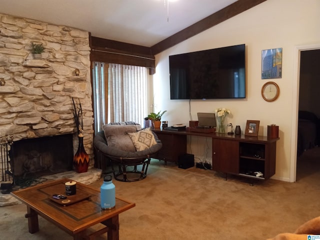 carpeted living room featuring a fireplace and lofted ceiling