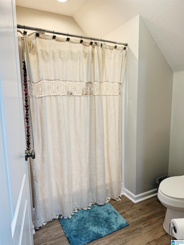 bathroom with hardwood / wood-style floors, lofted ceiling, and toilet