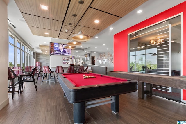 recreation room featuring hardwood / wood-style flooring, wood ceiling, and billiards