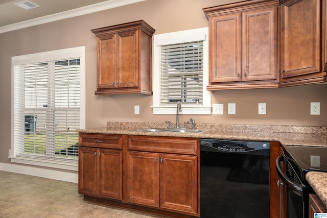 kitchen featuring black appliances, crown molding, light stone countertops, and sink