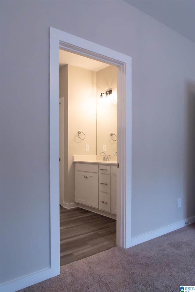 bathroom with hardwood / wood-style floors and vanity