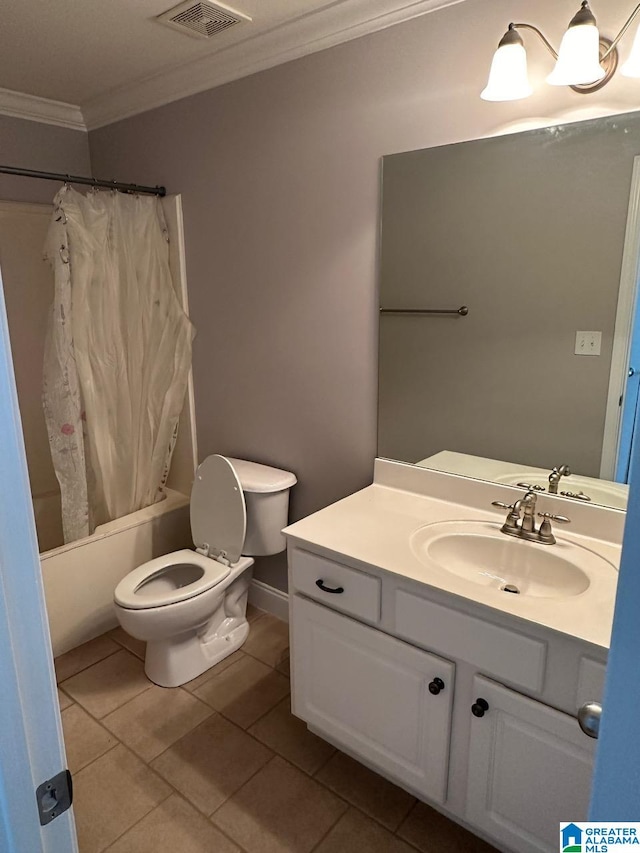 full bathroom featuring shower / bathtub combination with curtain, tile patterned floors, toilet, vanity, and ornamental molding