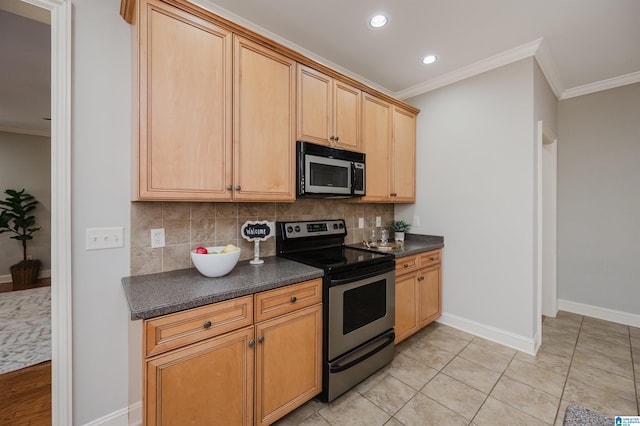 kitchen with light brown cabinets, stainless steel appliances, tasteful backsplash, crown molding, and light tile patterned flooring