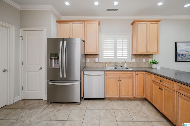 kitchen featuring sink, stainless steel appliances, decorative backsplash, light tile patterned floors, and ornamental molding