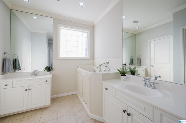 bathroom featuring tile patterned flooring, vanity, and ornamental molding