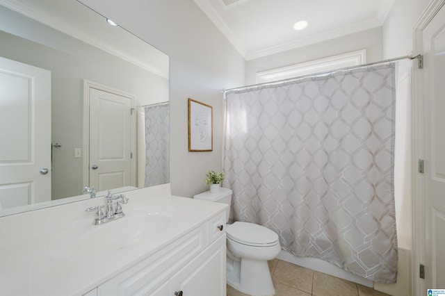 full bathroom with shower / bath combo, vanity, crown molding, tile patterned flooring, and toilet