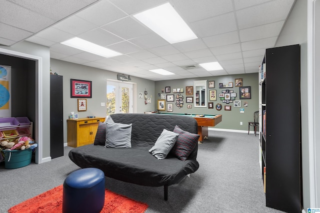 game room with a drop ceiling, carpet, french doors, and billiards