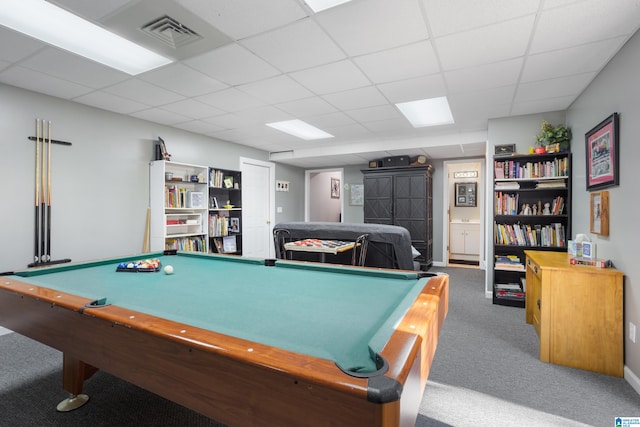 recreation room with a drop ceiling, carpet, and pool table