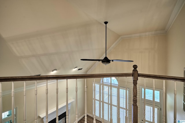 interior details with ceiling fan and ornamental molding